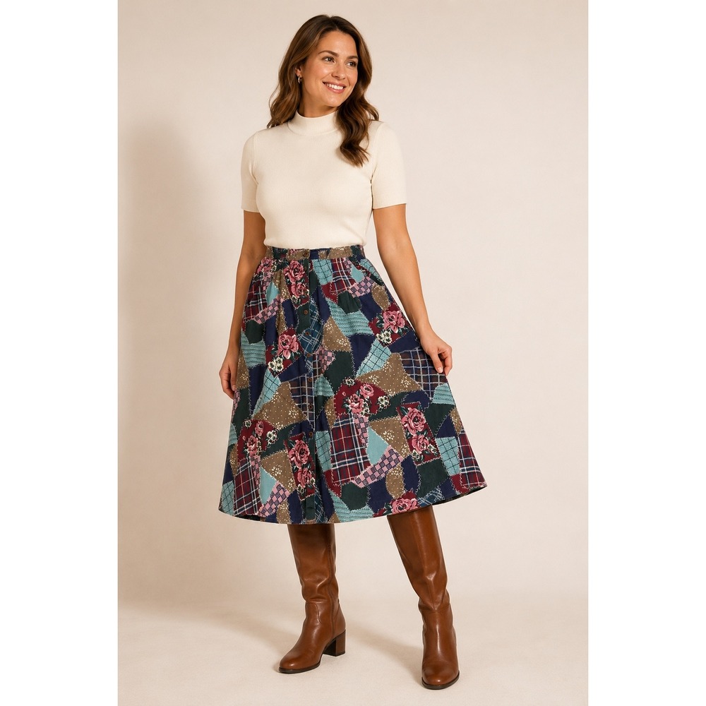 Vintage White Stag Patchwork Plaid Midi Skirt L Cotton Cottagecore Prairie